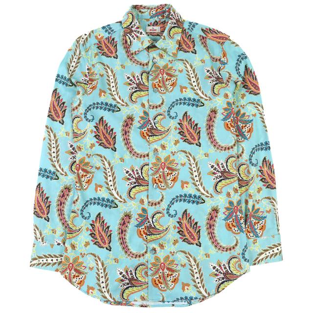 未使用品△ETRO エトロ 23SS コットン100％ ペイズリー柄 ロゴボタン 長袖シャツ ブルー系 マルチカラー 40 イタリア製 正規品 メンズ