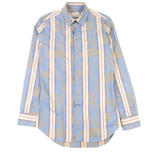 未使用品△ETRO エトロ 23SS コットン100％ ストライプ 総柄デザイン ロゴボタン 長袖シャツ ライトブルー ベージュ系 39 伊製 正規品
