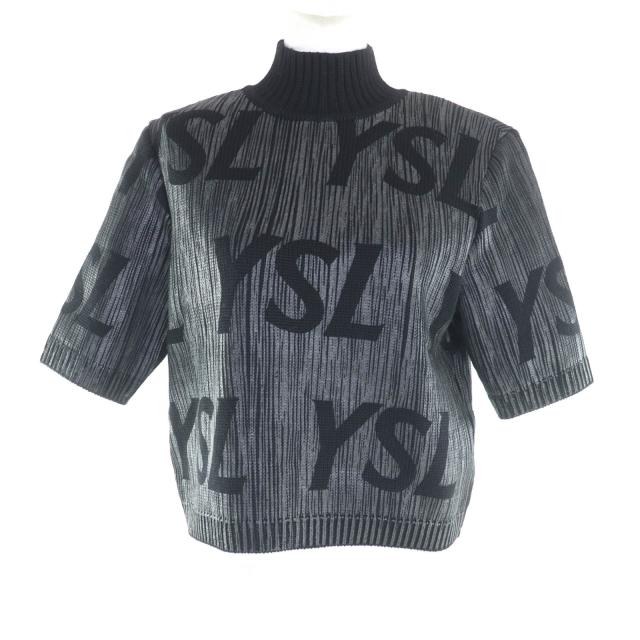 極美品★YVES SAINT LAURENT イヴ・サンローラン ウール100％ ビッグロゴデザイン ハイネック 半袖ニット M 日本製 正規品 レディース