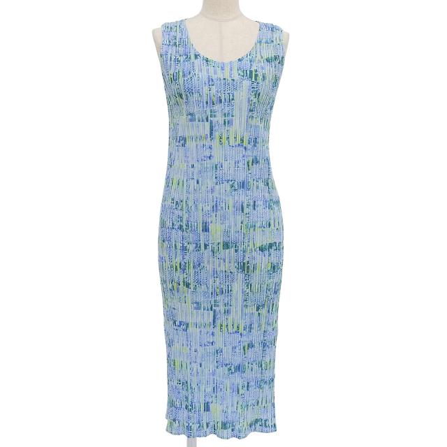 極美品▲PLEATS PLEASE プリーツプリーズ イッセイミヤケ PP12-JH371 総柄 ノースリーブ ワンピース ブルー グリーン 4 日本製 正規品