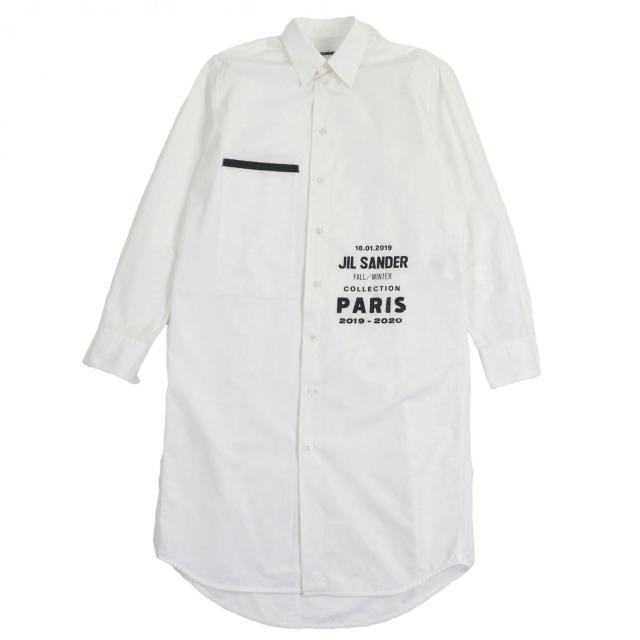 美品▼JIL SANDER ジルサンダー 19AW JSMP742235 コットン100% ロゴプリント 長袖ロングシャツ ホワイト 38 イタリア製 正規品 メンズ