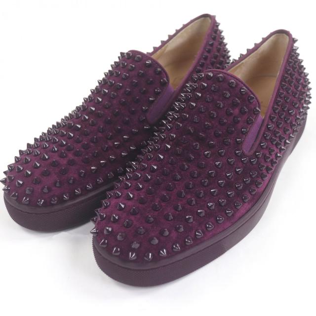 美品□Christian Louboutin クリスチャンルブタン Roller Boat Flat スウェードレザー スパイクスタッズ スリッポン 紫 42.5 英国製