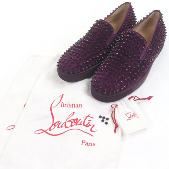 美品□Christian Louboutin クリスチャンルブタン Roller Boat Flat スウェードレザー スパイクスタッズ スリッポン 紫 42.5 英国製_1