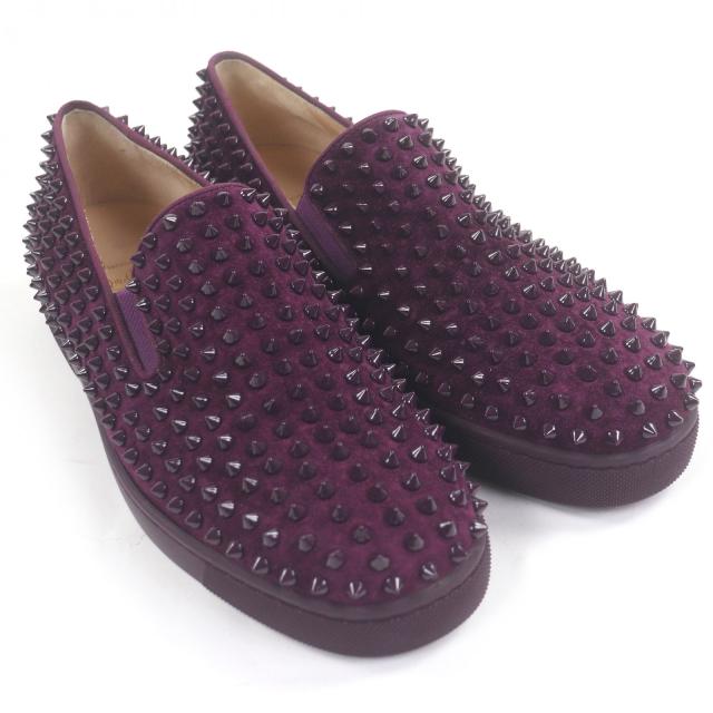 美品□Christian Louboutin クリスチャンルブタン Roller Boat Flat スウェードレザー スパイクスタッズ スリッポン 紫 42.5 英国製_2