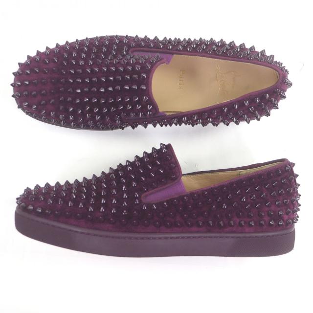 美品□Christian Louboutin クリスチャンルブタン Roller Boat Flat スウェードレザー スパイクスタッズ スリッポン 紫 42.5 英国製_3