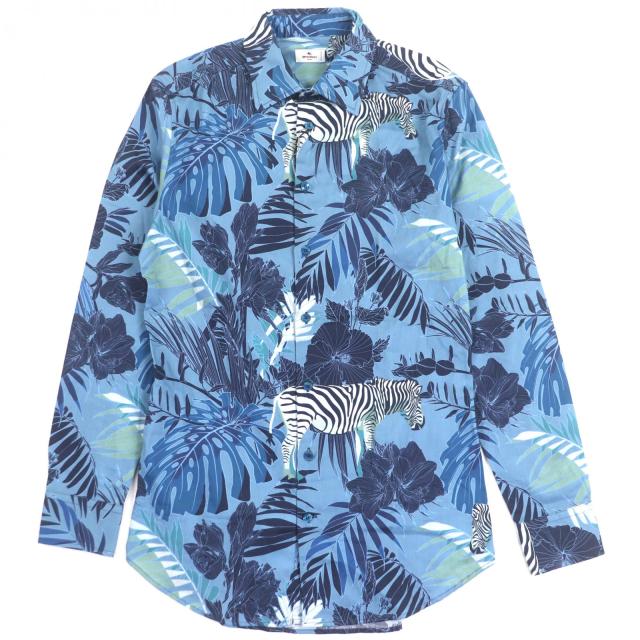 未使用品▼ETRO エトロ 22SS コットン100% ゼブラ 総柄 ロゴ入りボタン ロングスリーブ 長袖シャツ ブルー 39 イタリア製 正規品 メンズ