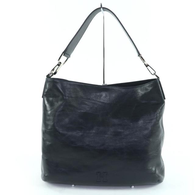 極美品☆HIROFU ヒロフ 13972V ロゴ刻印入り レザーショルダーバッグ ハンドバッグ トートバッグ ダークブルー イタリア製 レディース