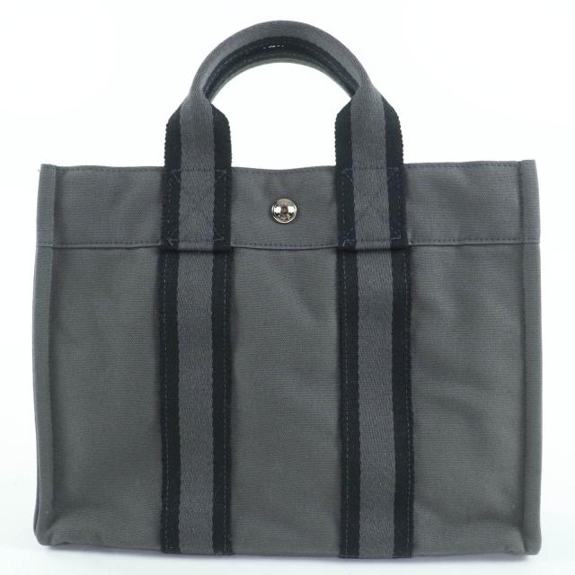 美品☆HERMES エルメス フールトゥ PM コットン100％ シルバー金具 セリエ金具 トートバッグ ハンドバッグ グレー フランス製 レディース