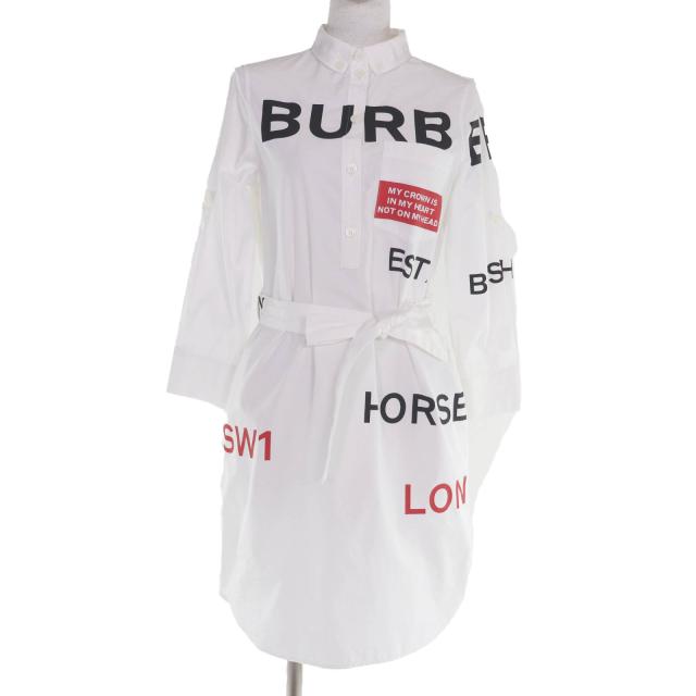 極美品☆BURBERRY バーバリー 8013907 コットン100％ ホースフェリー ティッシ期 シャツワンピース ホワイト 36 正規品 レディース