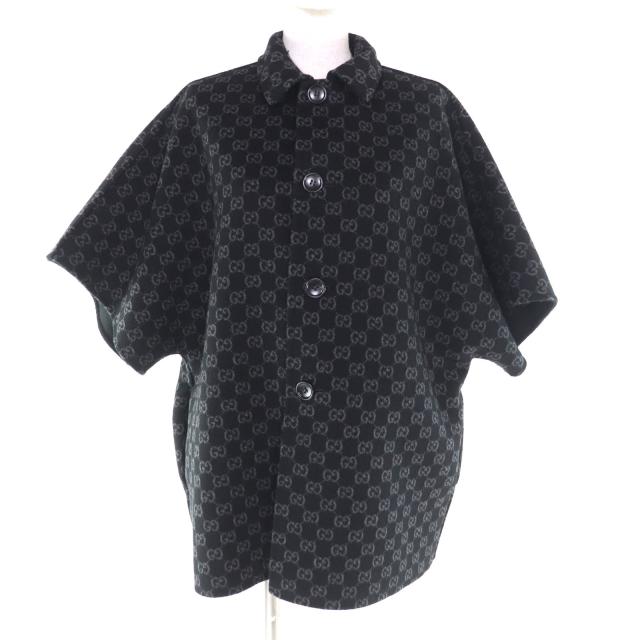 未使用品★GUCCI グッチ 25AW 789960 ウール シルク混 現行品 リバーシブル GG柄 半袖 コート 黒 38 ハンガー付 正規品 定価495000円