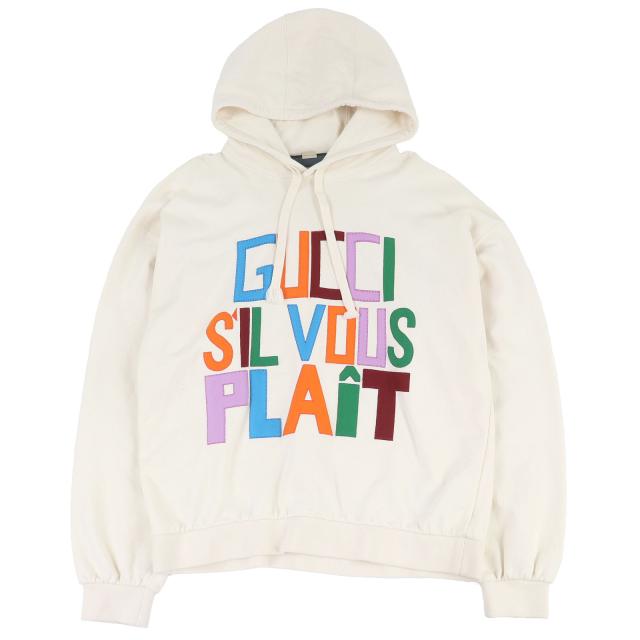 美品□GUCCI グッチ 721427 パッチ付き フェルトコットン プルオーバー スウェットパーカー フーディー アイボリー XS 正規品 メンズ