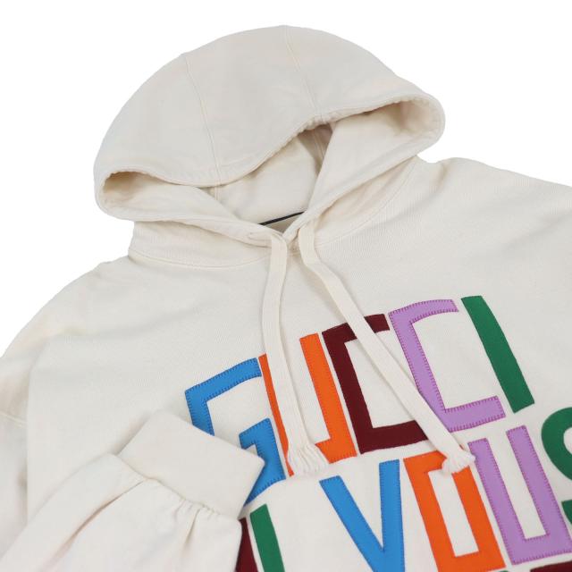 美品□GUCCI グッチ 721427 パッチ付き フェルトコットン プルオーバー スウェットパーカー フーディー アイボリー XS 正規品 メンズ