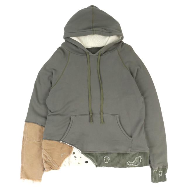 極美品△Greg Lauren  グレッグローレン FRAGMENT HOODIE コットン100% ダメージ加工 再構築 ドッキング プルオーバー パーカー 3 カーキ