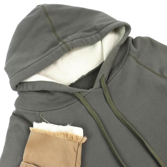 極美品△Greg Lauren  グレッグローレン FRAGMENT HOODIE コットン100% ダメージ加工 再構築 ドッキング プルオーバー パーカー 3 カーキ_2