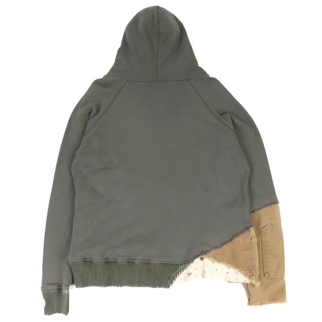 極美品△Greg Lauren  グレッグローレン FRAGMENT HOODIE コットン100% ダメージ加工 再構築 ドッキング プルオーバー パーカー 3 カーキ_1