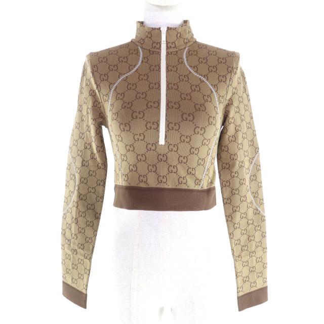 未使用品★GUCCI グッチ 715524 GG柄 ハーフZIP 長袖 クロップド トップス ブラウン S イタリア製 正規品 レディース