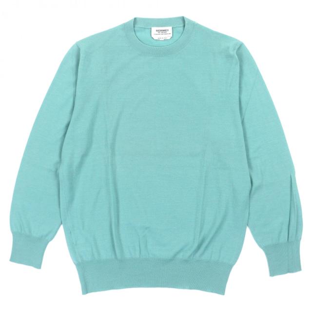 極美品▼HERMES エルメス カシミヤ100% クルーネック ロングスリーブ ニットセーター エメラルドグリーン XS イタリア製 メンズ