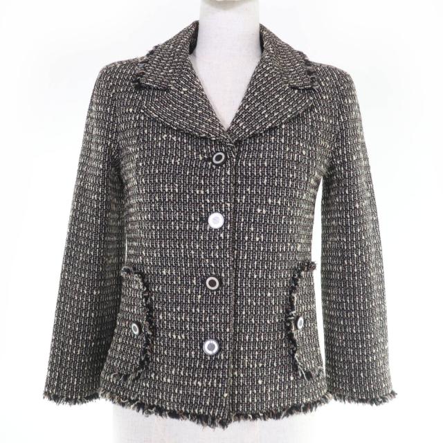 極美品☆CHANEL シャネル ヴィンテージ 03A P21954V12899 ウール ウッドシェルロゴボタン ツイード ジャケット ブラウン系 34 正規品