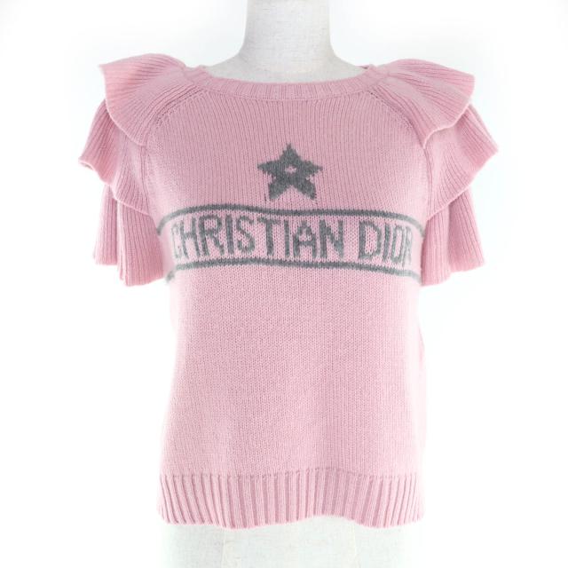 極美品★Christian Dior クリスチャンディオール 344S13BM003 カシミヤ100％ ロゴデザイン 袖フリル 半袖ニット ピンク 42 伊製 正規品
