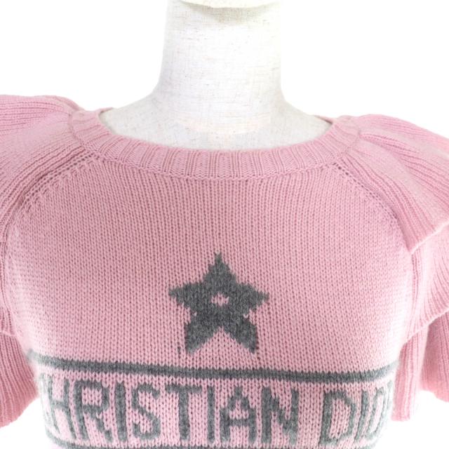 極美品★Christian Dior クリスチャンディオール 344S13BM003 カシミヤ100％ ロゴデザイン 袖フリル 半袖ニット ピンク 42 伊製 正規品_3