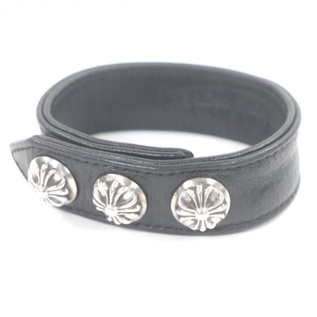 美品□CHROME HEARTS クロムハーツ レザー SV925 3クロスボールボタン 2スナップ ブレスレット ブラック シルバー 総重量34g メンズ