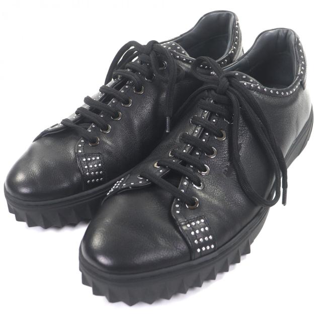 極美品▼Salvatore Ferragamo サルヴァトーレフェラガモ レザー スタッズ ロゴ刻印 ローカットスニーカー ブラック 9 イタリア製 メンズ