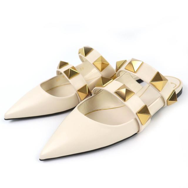 極美品△Valentino Garavani ヴァレンティノガラヴァーニ WW2S0BK8 ローマンスタッズ ポインテッドトゥ レザー フラット ミュール 35