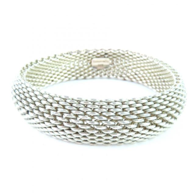 極美品◇TIFFANY&Co. ティファニー サマセット メッシュ 925 バングル ブレスレット シルバー 箱・保存袋付き 重量59.38g レディース