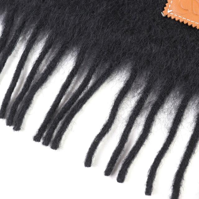 極美品△LOEWE ロエベ モヘア ウール アナグラムレザーワッペン フリンジ付き ロング マフラー ブラック スペイン製 正規品 レディース_4