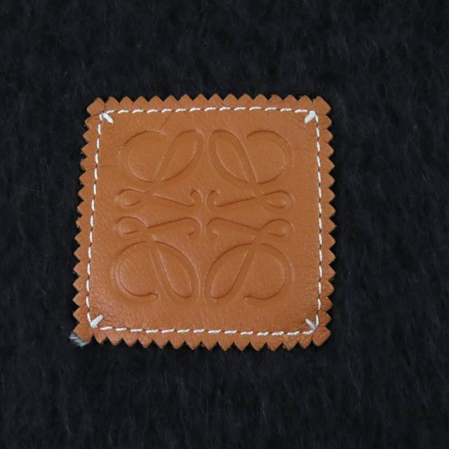 極美品△LOEWE ロエベ モヘア ウール アナグラムレザーワッペン フリンジ付き ロング マフラー ブラック スペイン製 正規品 レディース_5
