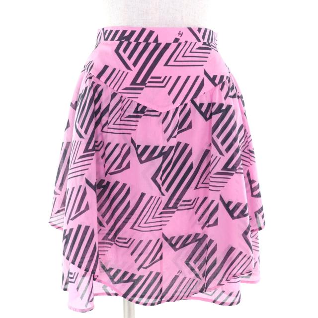 極美品△CHANEL シャネル 2023年製 P74305 コットン100％ ココマーク柄 総柄 フレア ミニスカート ピンク ブラック 34 袋付 伊製 正規品