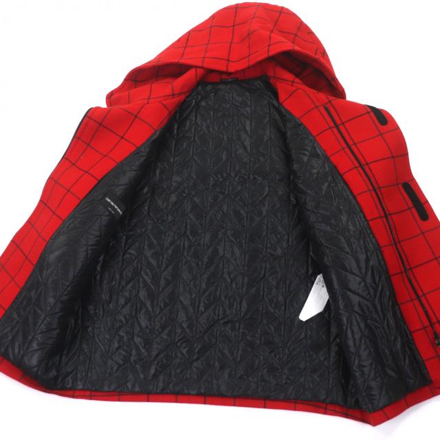 美品▼EMPORIO ARMANI エンポリオ アルマーニ 2020年製 91B530 ウール100% 黒タグ チェック柄 フーデッド ZIPUP 中綿コート 50 正規品_3