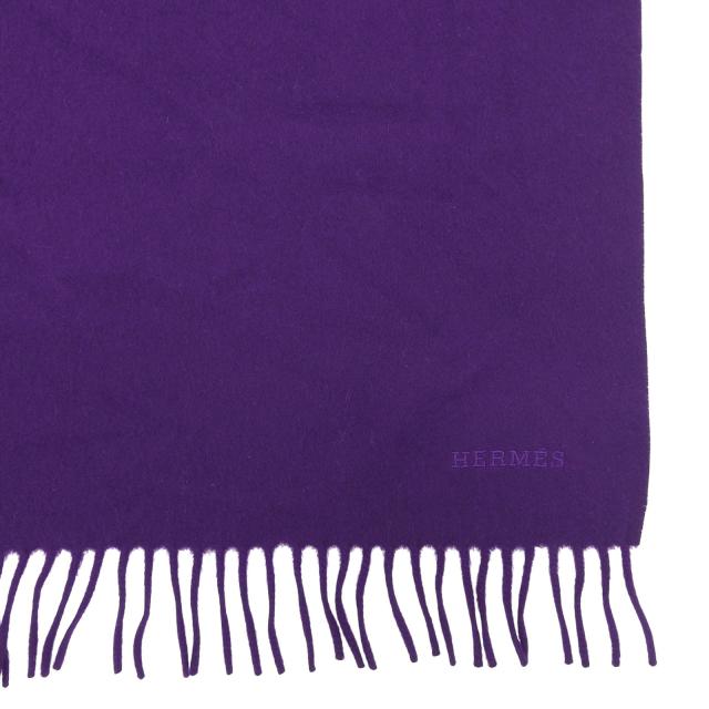 極美品▲HERMES エルメス カシミヤ100％ イタリア製生地使用 ロゴ刺繍 フリンジ付き 超大判ストール ショール パープル レディース_3