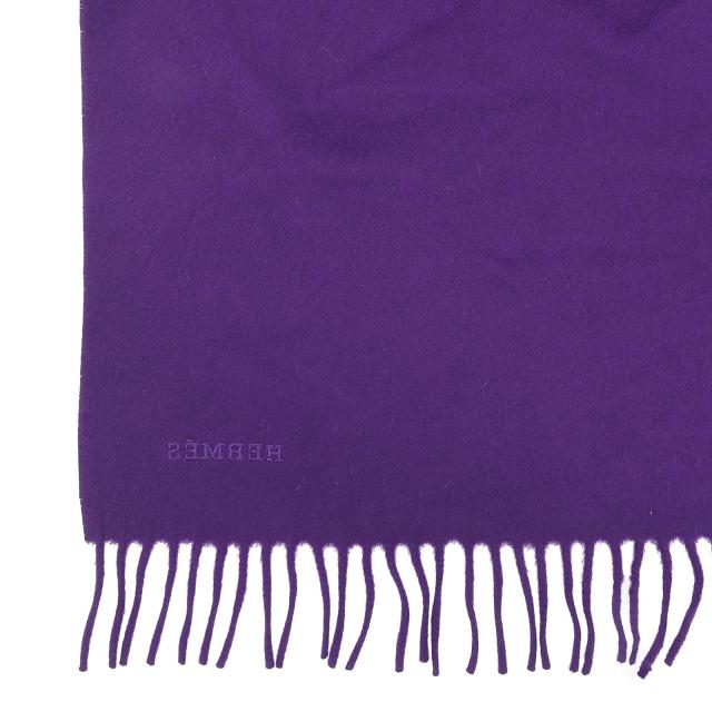 極美品▲HERMES エルメス カシミヤ100％ イタリア製生地使用 ロゴ刺繍 フリンジ付き 超大判ストール ショール パープル レディース_4