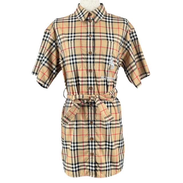 極美品▲BURBERRY バーバリー 8032154 ロゴ刺繍 ノバチェック コットン シャツワンピース マルチカラー 36 正規品 レディース