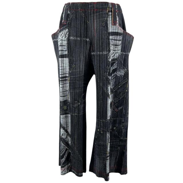 極美品▲PLEATS PLEASE プリーツプリーズ イッセイミヤケ PP03-JF532 デニム転写 パンツ マルチカラー 3 日本製 正規品