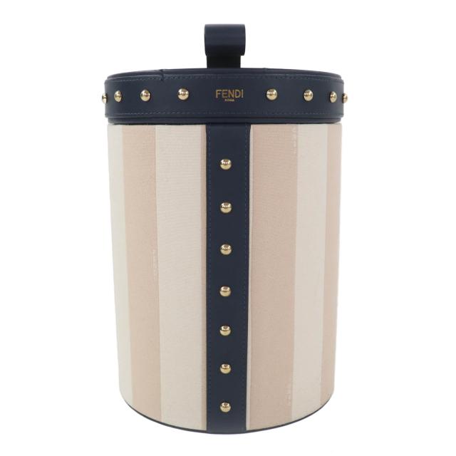 美品◇FENDI フェンディ ストライプ スタッズ レザー使い バニティーポーチ/コスメボックス ベージュ ネイビー ゴールド金具 保存袋付き