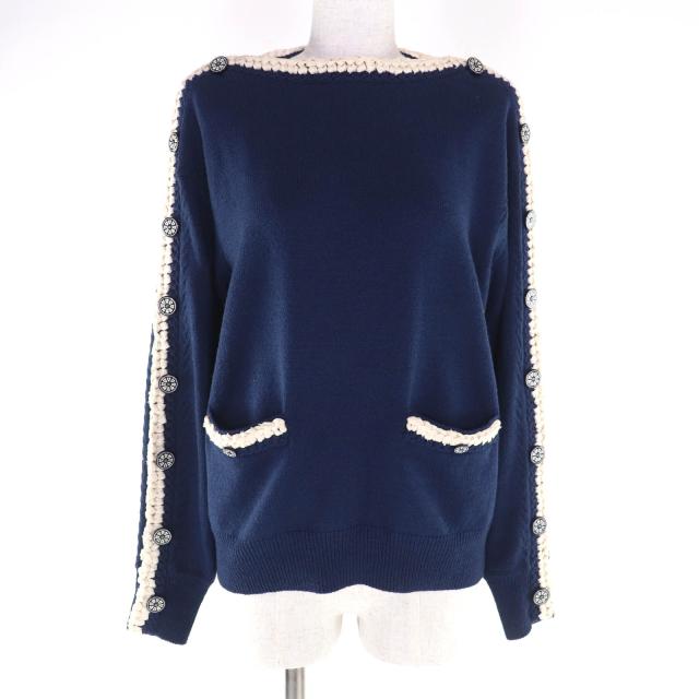 美品★CHANEL シャネル P53333 ウール100％ ココマークボタン付 長袖 ニット セーター ネイビー 36 イタリア製 正規品 レディース