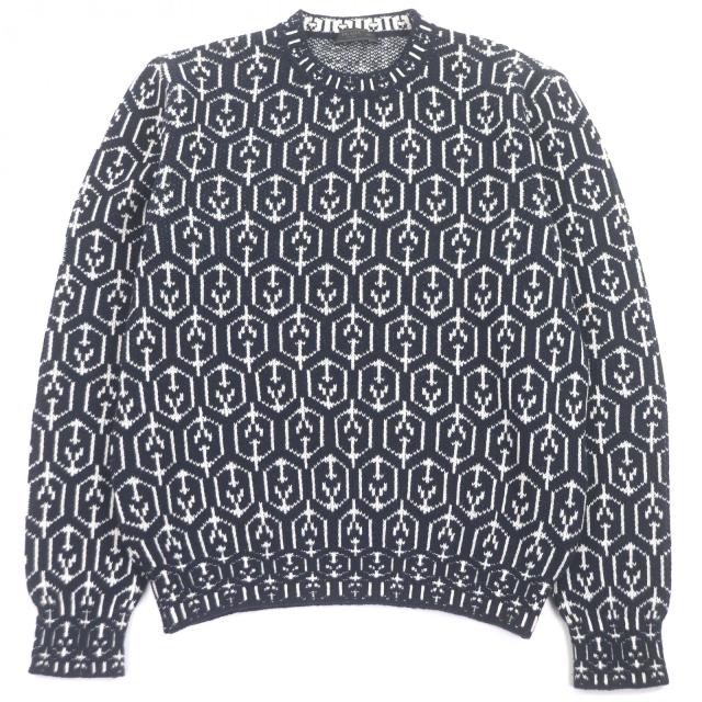 美品□PRADA プラダ 21AW UMB258 カシミヤ混 総柄 トライアングルロゴ 長袖 セーター ネイビー ホワイト 46 イタリア製 正規品 メンズ