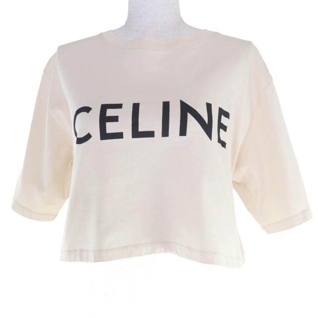 美品☆CELINE セリーヌ 2X761671Q コットン100％ ロゴ入り クロップド丈 半袖Ｔシャツ ベージュ XS イタリア製 正規品 レディース