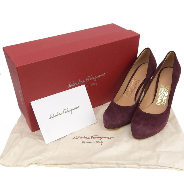 未使用品▲Salvatore Ferragamo サルヴァトーレフェラガモ ラウンドトゥ スエードレザー パンプス ワインレッド系 5 箱・保存袋付き 伊製_1