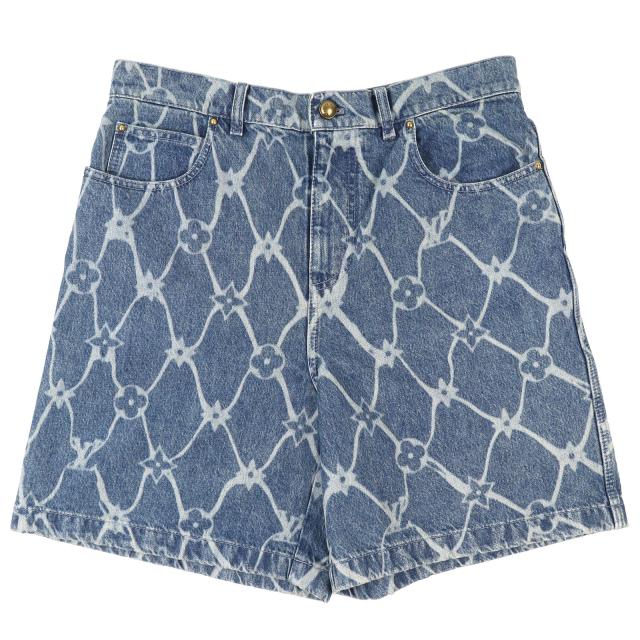 美品△LOUIS VUITTON ルイヴィトン 24AW コットン100％ モノグラムプリント デニム ショートパンツ インディゴブルー 31 正規品 メンズ