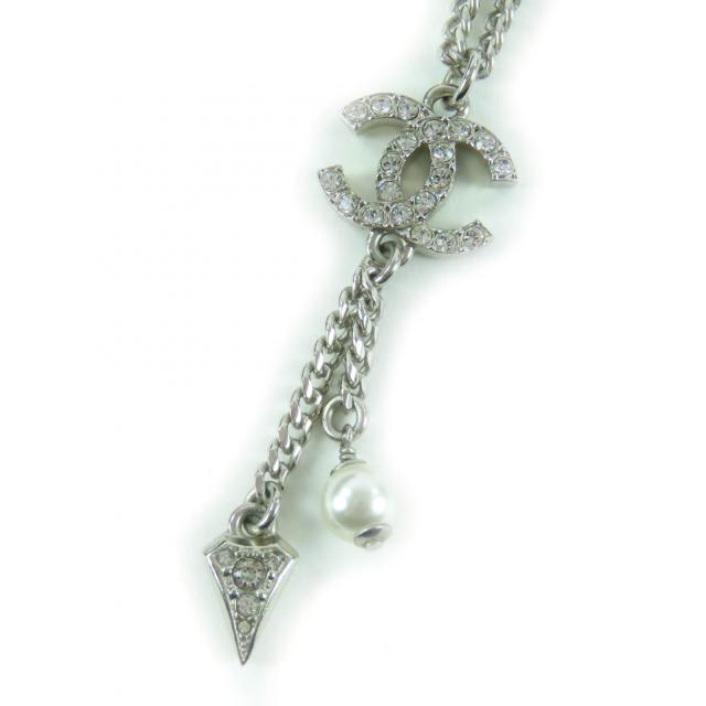 美品★CHANEL シャネル F25C ココマーク ラインストーン フェイクパール ネックレス ペンダント シルバー フランス製 レディース