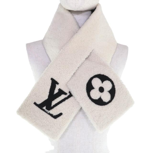 美品☆LOUIS VUITTON ルイヴィトン M77054 エシャルプ・シャーリング LVロゴ シアリングムートン マフラー アイボリー 伊製 正規品_3