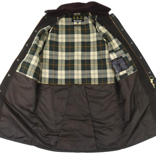 美品△Barbour バブアー NEW BURGHLEY WAX JACKET コットン100％ 裏地チェック柄 オイルド コート カーキ系 36 正規品 メンズ_2