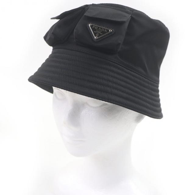 極美品□PRADA プラダ 2HC350 Re-Nylon トライアングルロゴ 三角プレート バケットハット 帽子 ブラック L イタリア製 正規品 メンズ