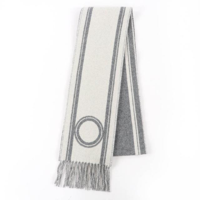 美品☆HERMES エルメス バンド・ドゥ・レポ カシミヤ100％ グリ・フランネル / イヴォワール バイカラー マフラー イギリス製 レディース
