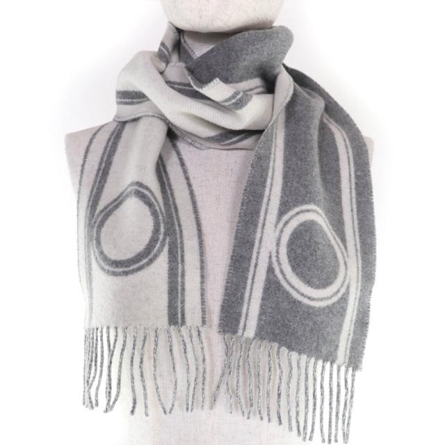 美品☆HERMES エルメス バンド・ドゥ・レポ カシミヤ100％ グリ・フランネル / イヴォワール バイカラー マフラー イギリス製 レディース_2