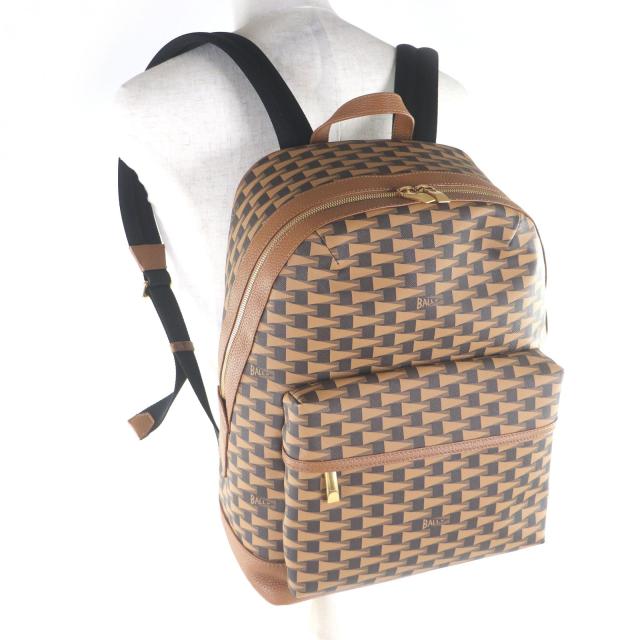 未使用品□BALLY バリー 6304856 PENNANT ペナント レザー コーティングキャンバス リュックサック デイパック ブラウン ベージュ メンズ_2