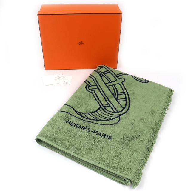 未使用品△HERMES エルメス HTH2501 ヨッティング プラージュ テレサ コットン100％ フリンジ ブランケット タオルケット グリーン 箱付_1